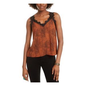 Q+A Los Angeles Womens Orange Lace Shoulders Lace Animal Print V Neck Top L